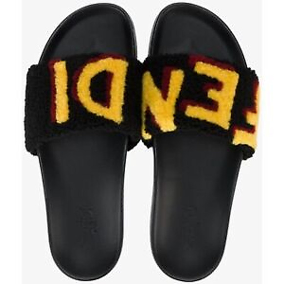 Fendi Mens Shearling Fur Logo Yellow Red Black Flat Slide Sandal Flip Flop 7 - Picture 3 of 12